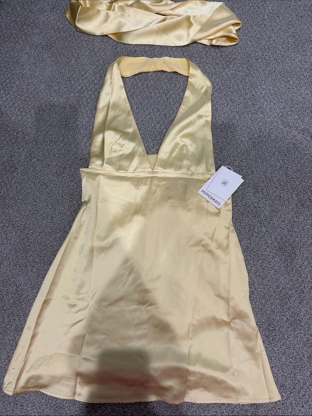 Peppermayo Pale Yellow Satin Halter Mini Dress with Sash nwt